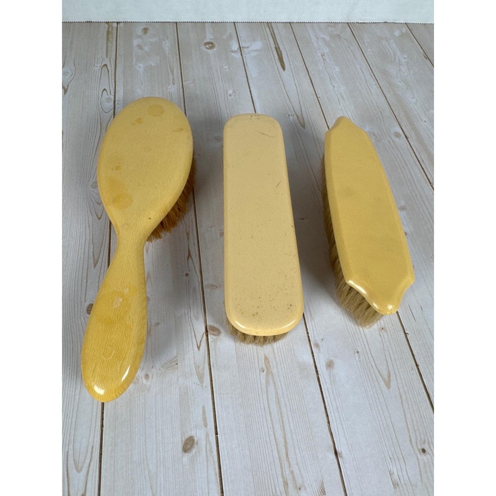 Vintage Yellow Celluloid Art Deco Vanity Brush Set‎ Hair & Clothes Brushes 3pc